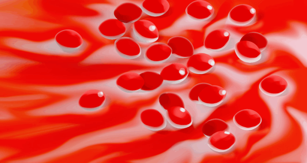 Red blood cells scattered over a swirling red and white background, creating an abstract representation of blood flow.