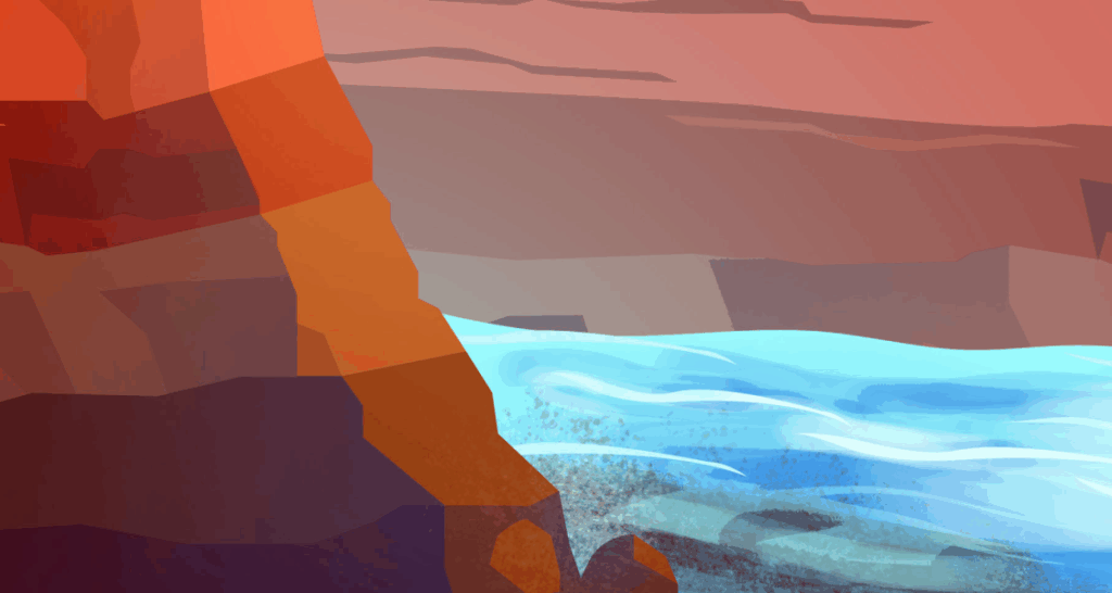 Illustration of rocky cliffs with reddish and brown tones beside a flowing blue river under a clear sky.