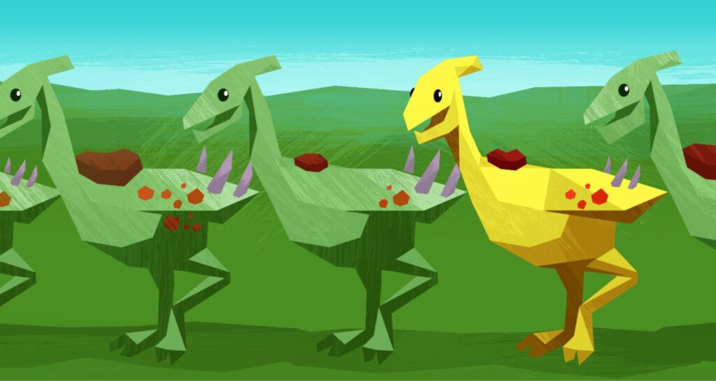 Four polygonal dinosaurs walking in a row, three green and one yellow, each with a rock and purple spikes on their backs, set against a grassy background with a blue sky.