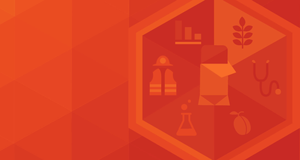 Abstract orange background with geometric shapes, featuring icons of a vest, bar chart, leaf, beaker, fruit, medical stethoscope, and an envelope within a hexagonal frame.