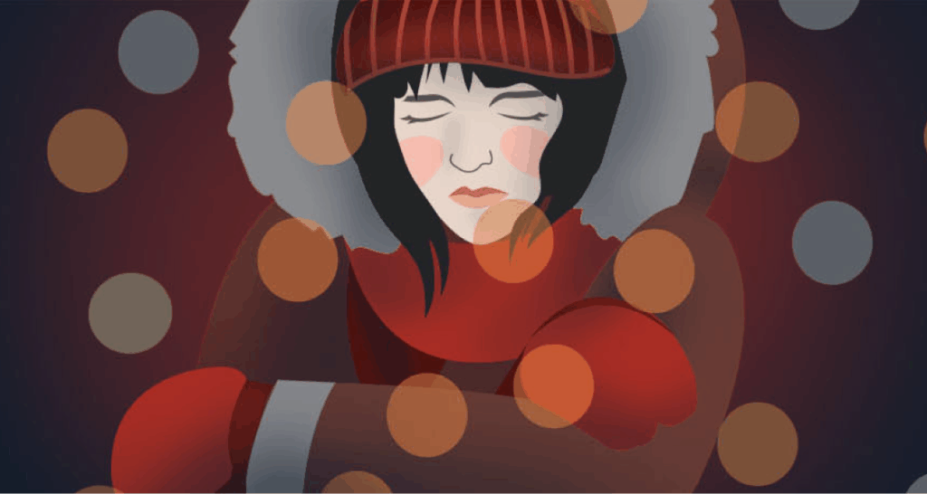 Illustration of a person with closed eyes in a red winter coat and hat, surrounded by falling snow and orange circles on a dark background.