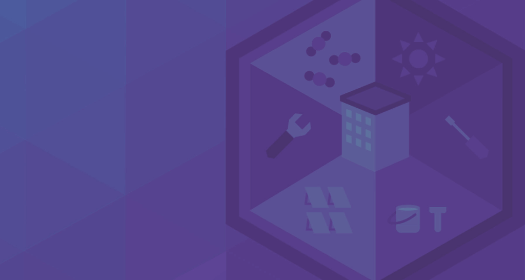 A purple hexagonal graphic with icons including a building, wrench, screwdriver, sun, molecules, paint bucket, and tiles on a geometric patterned background.