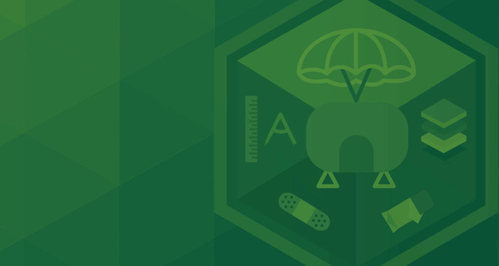 Green geometric background with an outlined hexagon containing icons: a parachute, ruler, letter "A," bandage, stacked blocks, and a folded corner paper.