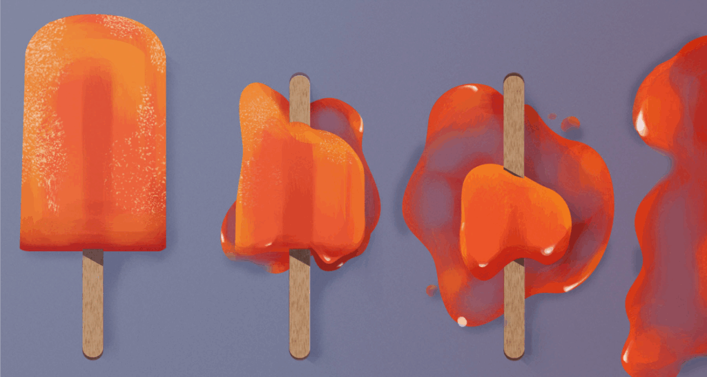 Four stages of an orange popsicle melting on a stick, from fully frozen on the left to completely melted on the right, against a plain background.