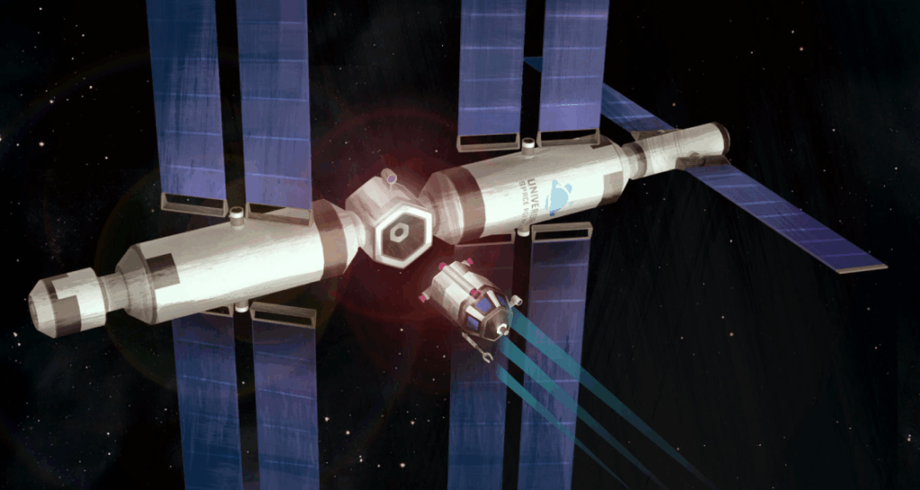 A spacecraft approaches and docks with a modular space station featuring large blue solar panels, set against a black space background.