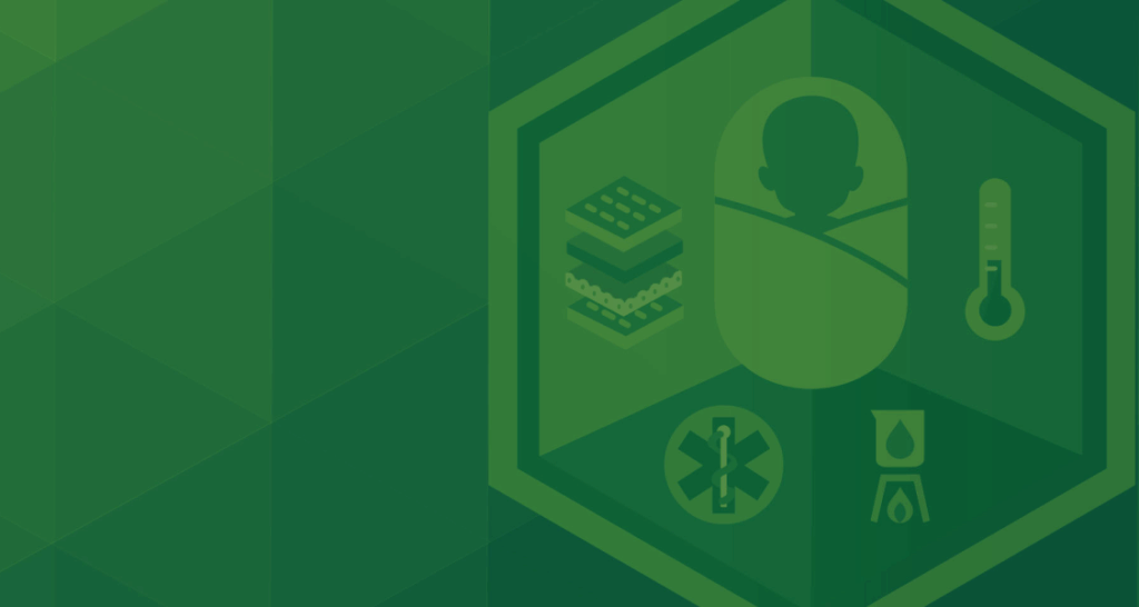 Green graphic with hexagonal emblem showing an infant, a thermometer, layered materials, a medical symbol, and a flame icon.