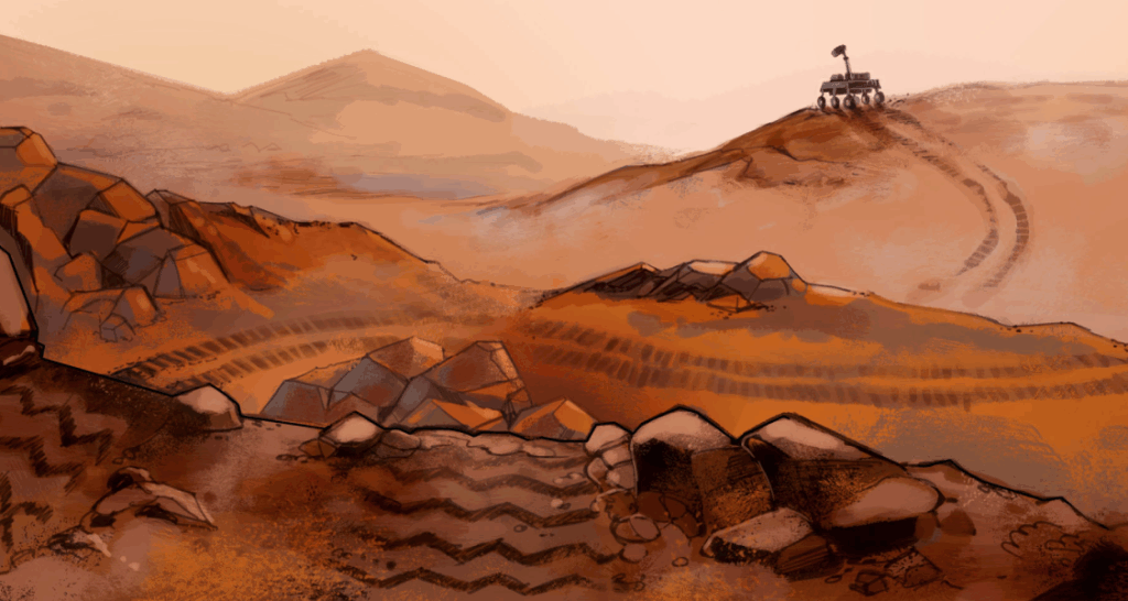 A rover sits on a rocky, reddish hill under a hazy sky, leaving visible tire tracks across the barren landscape.