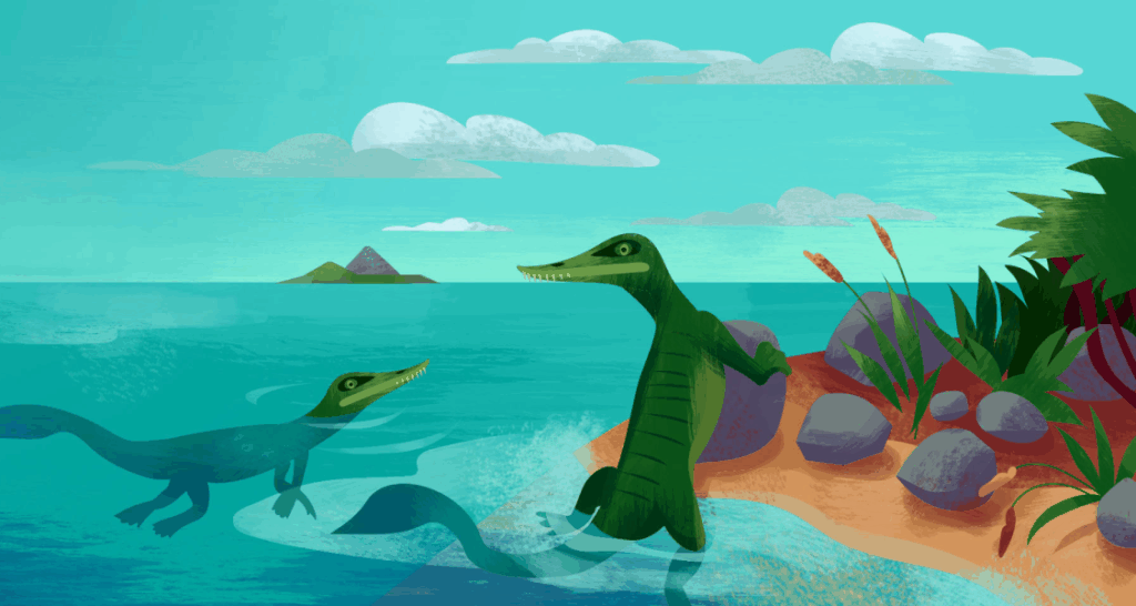 Two prehistoric marine reptiles with long snouts are near a rocky shoreline, one on land and one in the water, with an island and clouds in the background.