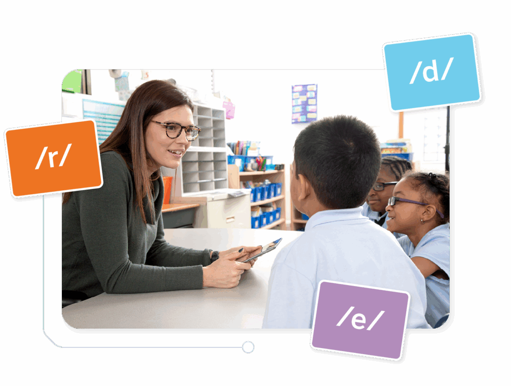 A teacher sits at a table with three young students, holding a tablet. Phonetic symbols /r/, /d/, and /e/ appear around them.