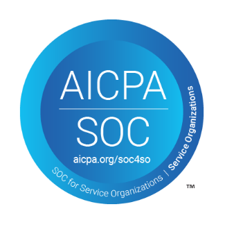 A blue circular badge displaying "AICPA SOC" highlights privacy and security, with the text "aicpa.org/soc4so" and "SOC for Service Organizations | Service Organizations" around the edge.