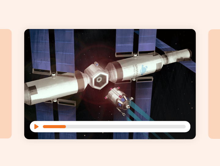 A spacecraft approaches a cylindrical space station with blue solar panels, depicted on a video player interface with a play progress bar.