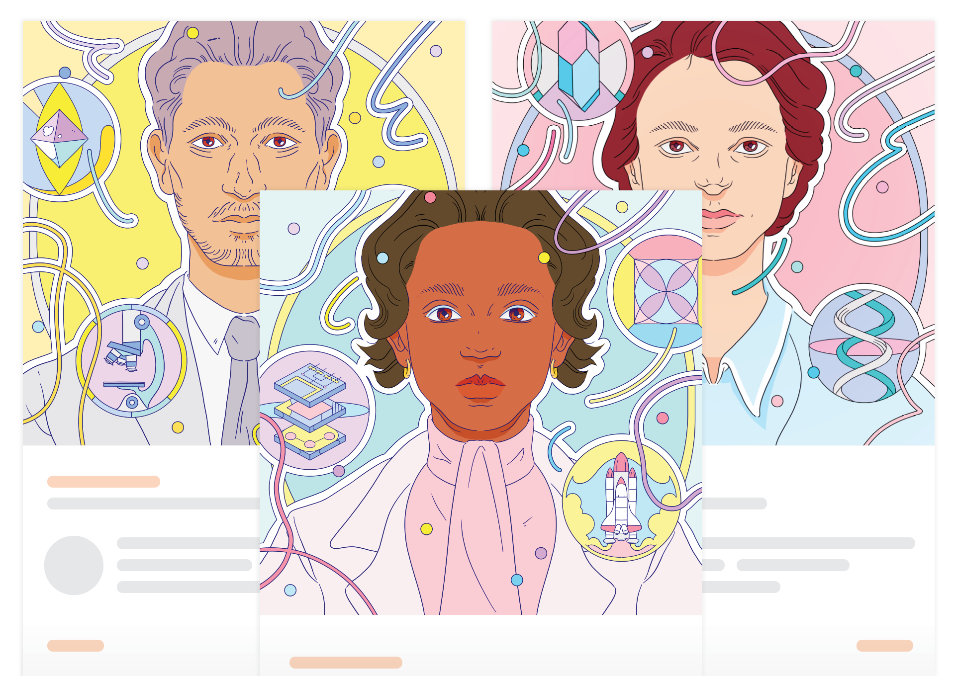 Three illustrated portraits of individuals in lab coats with scientific diagrams and abstract lines in the background, suggesting a focus on STEM fields.