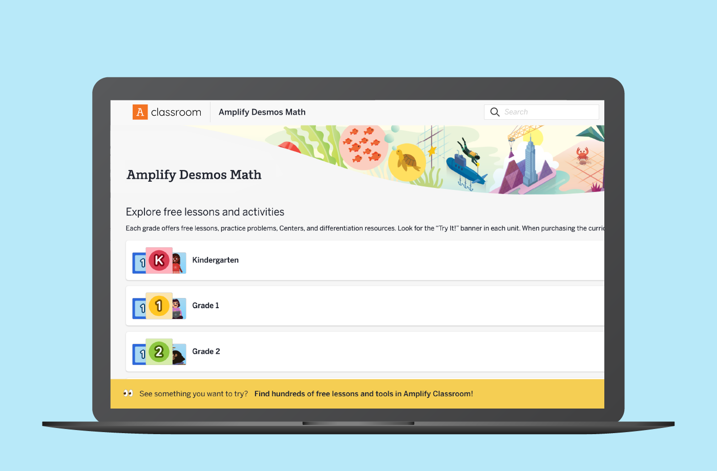A laptop screen displays the desmos math curriculum​ on the Amplify Desmos Math website, featuring lesson options for Kindergarten, Grade 1, and Grade 2 on a light blue background.