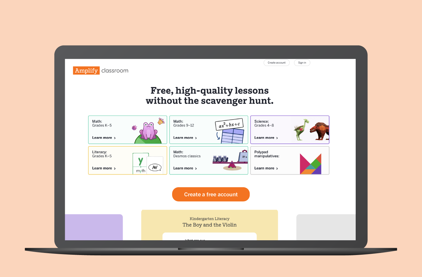 A laptop screen displays the Amplify Classroom homepage, featuring free lessons in math, science, literacy, and manipulatives for grades K–5—ideal for those exploring edtech companies or searching for desmos math curriculum resources.