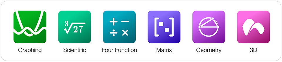 Six colorful icons represent types of calculators—Graphing, Scientific, Four Function, Matrix, Geometry, and 3D—each featuring a distinct mathematical symbol. Perfect for desmos math enthusiasts and edtech companies alike.