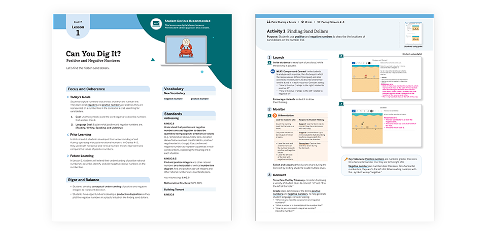 Two-page educational lesson plan titled "Can You Dig It?" covering positive and negative numbers, with objectives, vocabulary, standards, and a step-by-step activity inspired by the Desmos math curriculum.