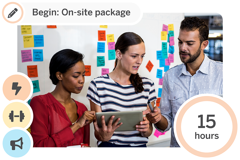 Three people stand in front of a whiteboard with colorful sticky notes, discussing content on a tablet. A graphic indicates "Begin: On-site package" and "15 hours.