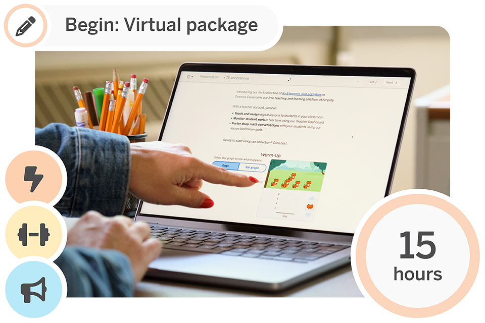 A person points at a laptop screen displaying an online training module. Icons and text indicate the start of a virtual package with a duration of 15 hours.