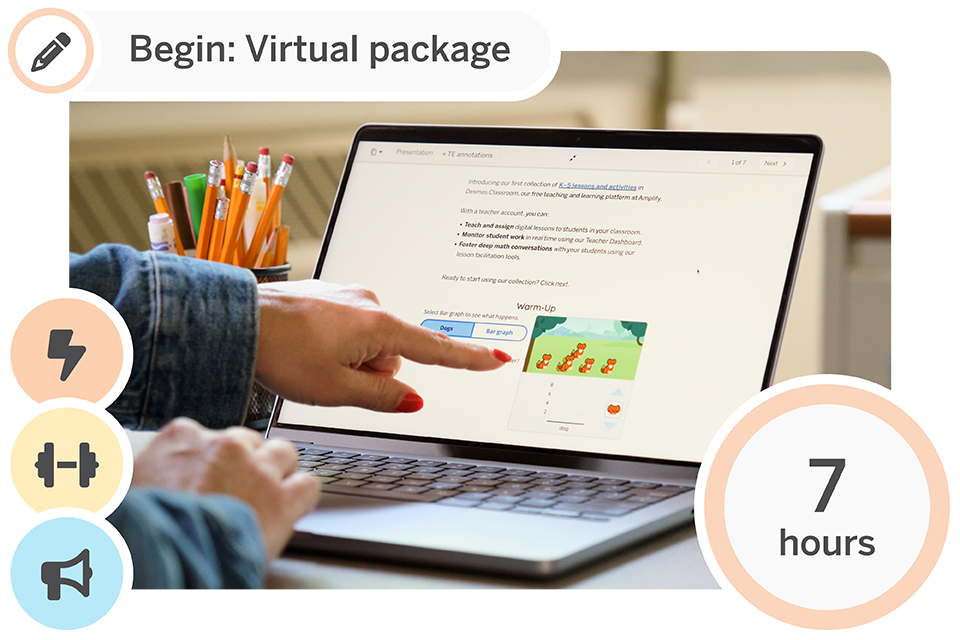 A person points at a laptop screen displaying an educational webpage; icons and text indicate the start of a virtual package lasting 7 hours.