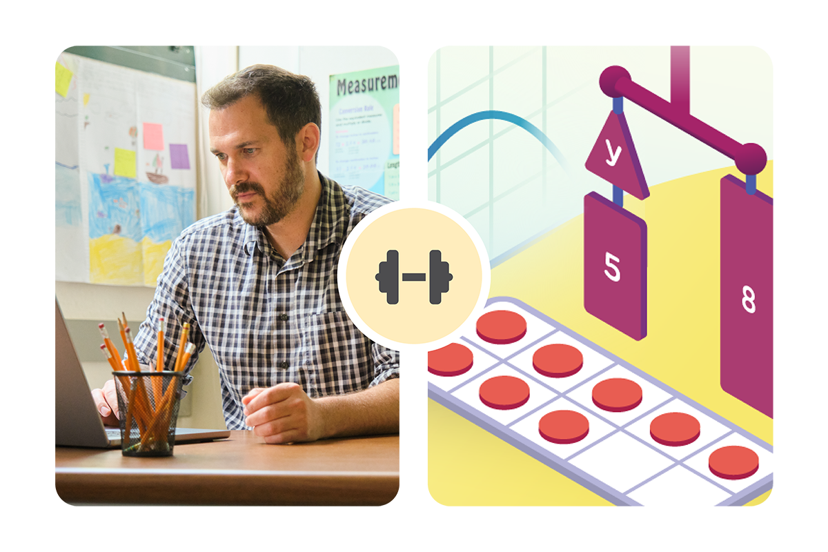 A man works on a laptop at a desk with pencils, next to an illustration of math equations and scales.