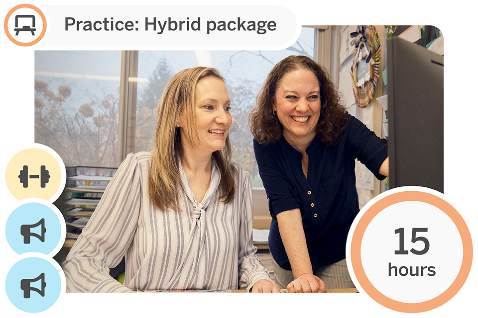 Two women look at a computer screen and smile in an office setting. Text reads "Practice: Hybrid package" and "15 hours" with icons on the left side.