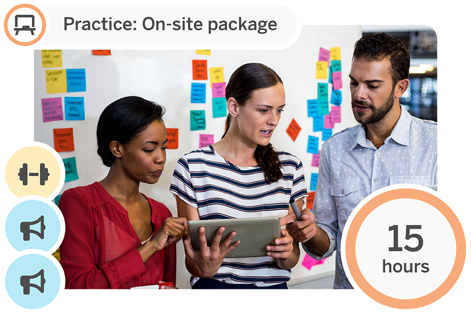 Three people discuss work while looking at a tablet in front of a whiteboard with colorful sticky notes. A "Practice: On-site package" label and "15 hours" badge are displayed.