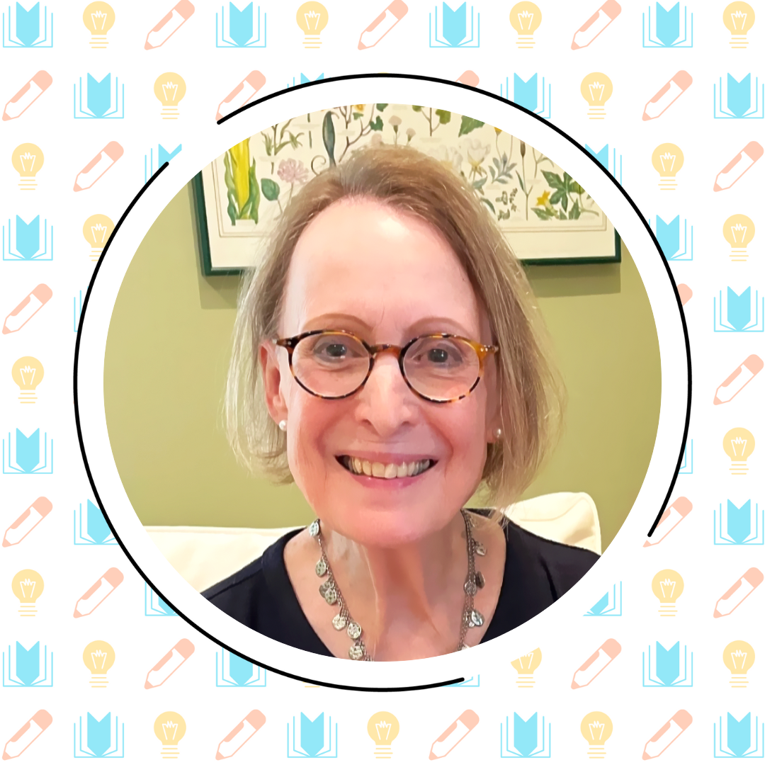 A smiling woman with glasses and a short hairstyle sits in front of a green wall with botanical artwork, surrounded by a circular frame and an illustrated background of books, pencils, and lightbulbs—perfect for discussing reading comprehension strategies for students.