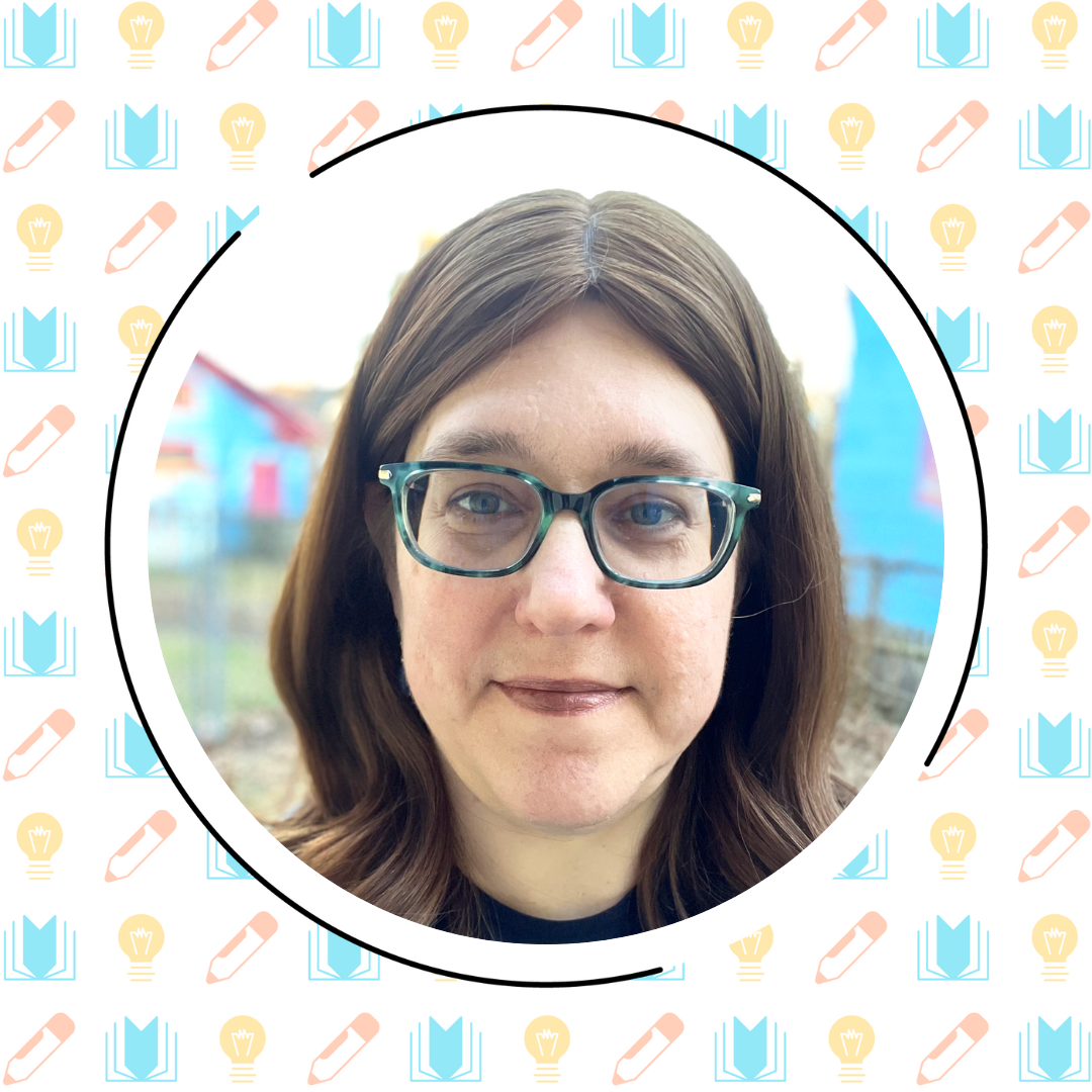 A woman with long brown hair and glasses looks at the camera. The background features colorful buildings and an illustrated border with books, pencils, and light bulbs, highlighting reading comprehension strategies for students.