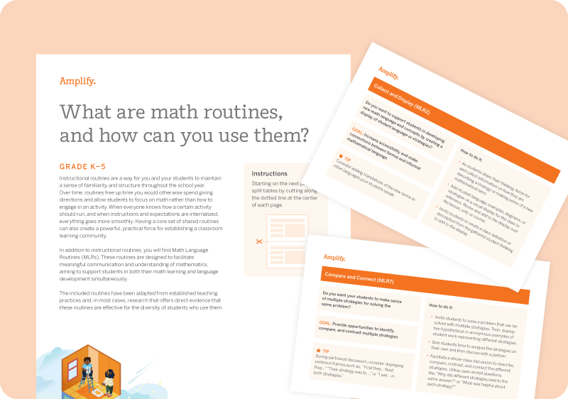 An educational pamphlet titled "What are math routines, and how can you use them?" for grades K–5, with text and example routine cards displayed.