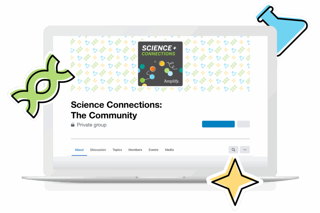 A laptop screen displays the “Science Connections: The Community” private group page, with science-themed icons decorating the background and edges.