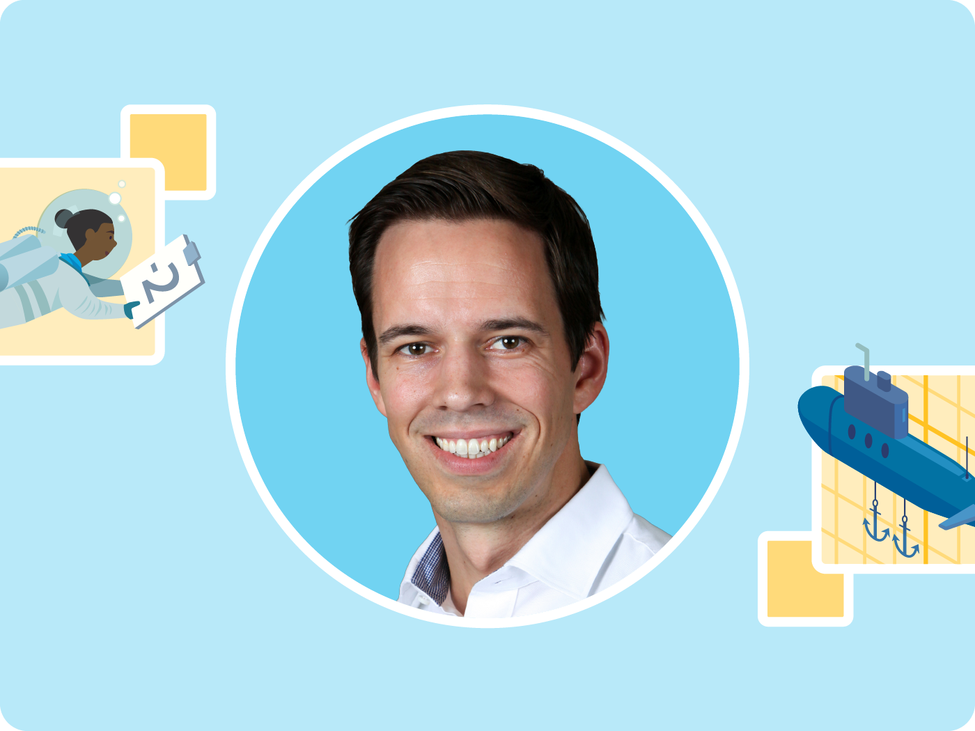 A man in a white shirt is smiling in a circular frame, with illustrations of a person swimming and a submarine on a light blue background, capturing the lively spirit of Amplify Desmos Math and engaging classroom discussions.