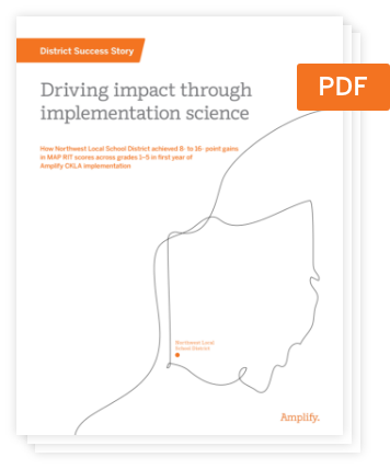 Cover page of a PDF titled "Driving impact through implementation science," featuring an outline of a state map, minimal orange text accents, and references to CKLA research in literacy.