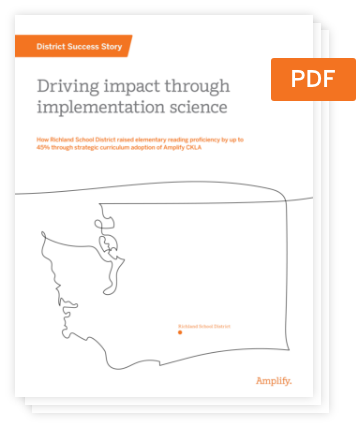 Cover page of a PDF titled "Driving impact through implementation science," featuring an outline map of Washington State, an orange PDF label, and highlights on literacy research such as Amplify CKLA.