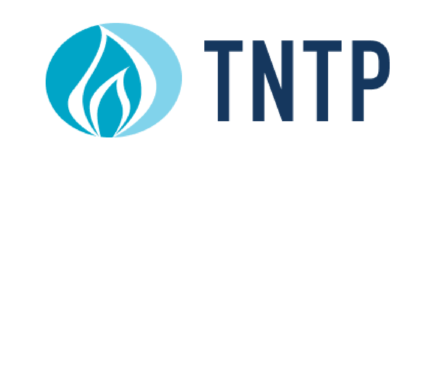 The image shows the TNTP logo with a stylized blue flame design next to the letters "TNTP" in bold, dark blue font on a white background, symbolizing a commitment to student success.