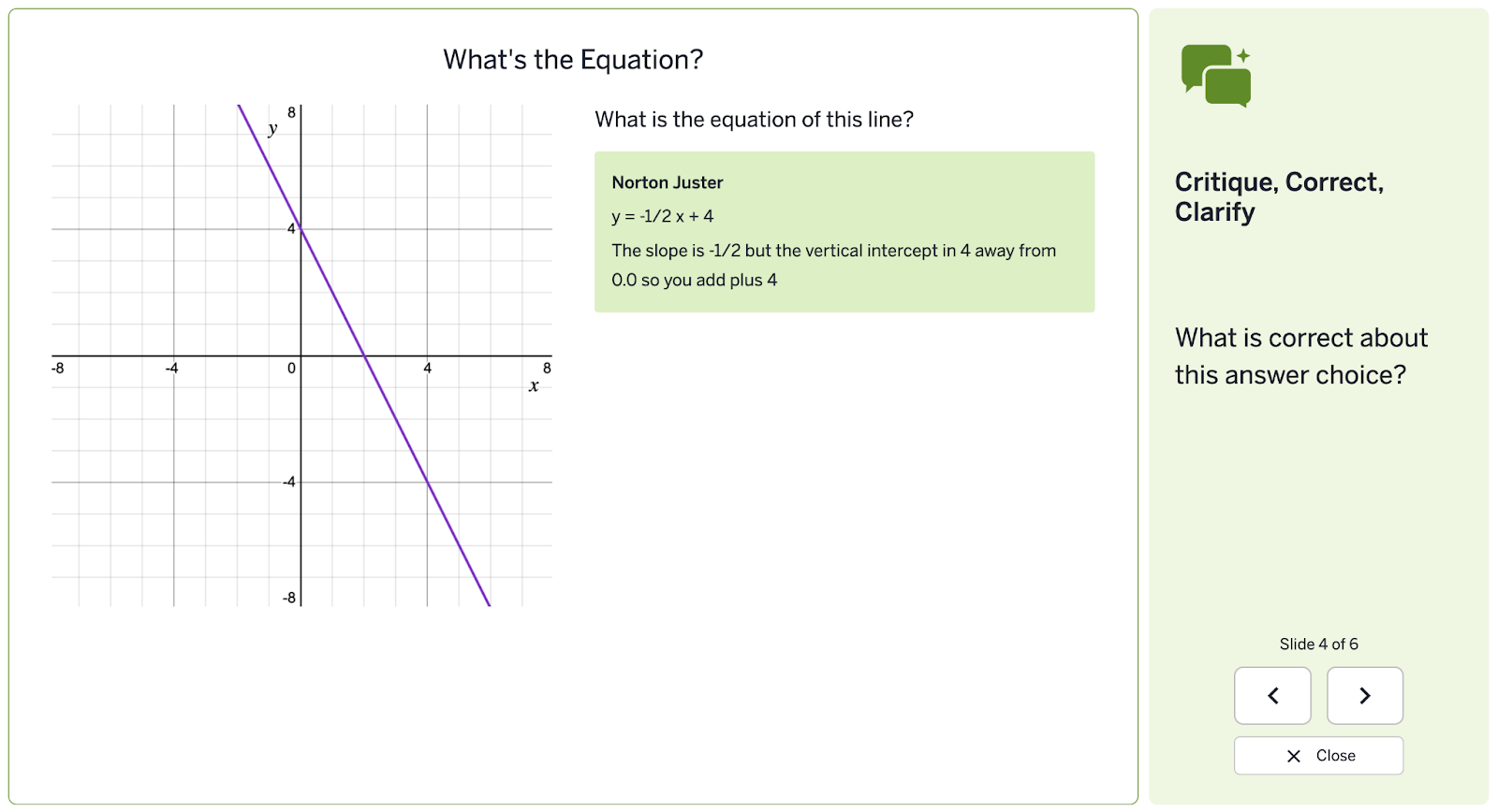 A graph displays a purple straight line with negative slope crossing the y-axis at 4 and the x-axis at 8; text explains the equation y = -1/2x + 4, perfect for middle school math or engaging Amplify Desmos Math classroom discussions.
