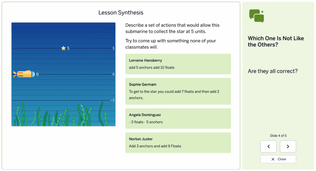 A submarine aims for a star 5 units up; students suggest combinations of floats and anchors to reach it. Amplify Desmos Math sparks engaging classroom discussions as a sidebar asks, "Are they all correct?.