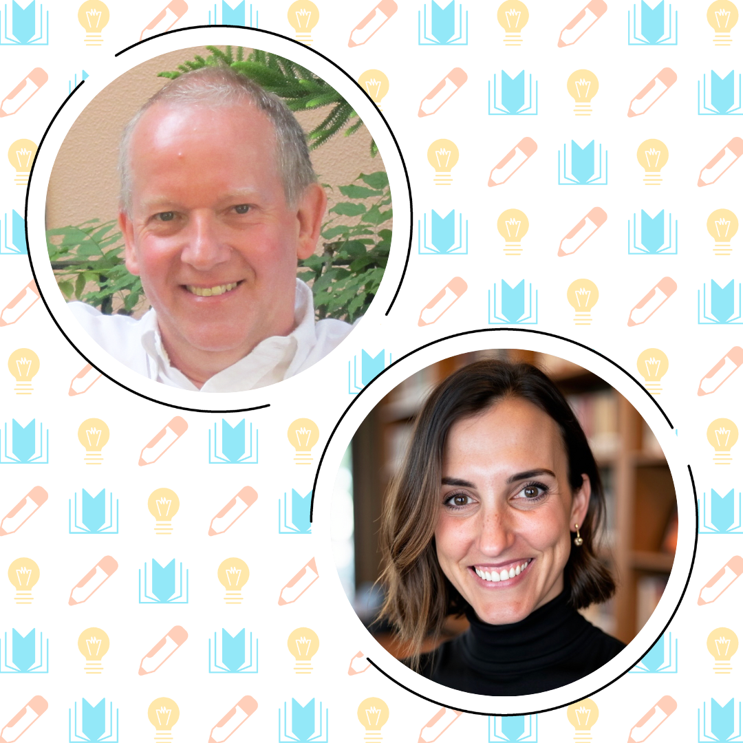 Two people, a man and a woman, appear in separate circular frames on a background featuring book, pencil, and lightbulb icons, highlighting language development and language skills.