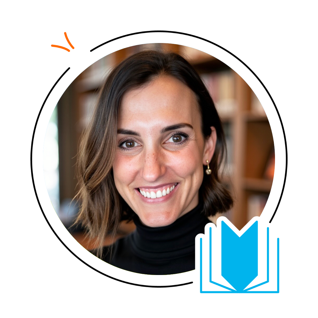 A woman with short brown hair and a black turtleneck smiles at the camera. She is framed by a circular border with a blue book icon and orange decorative lines, hinting at her passion for reading success. Bookshelves are blurred in the background.