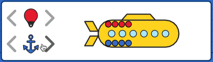 A yellow submarine with five round windows, each filled with a blue dot—perfect for sparking classroom discussions in middle school math. Red and blue dots sit above and below the windows, plus an anchor and lightbulb icon on the left.