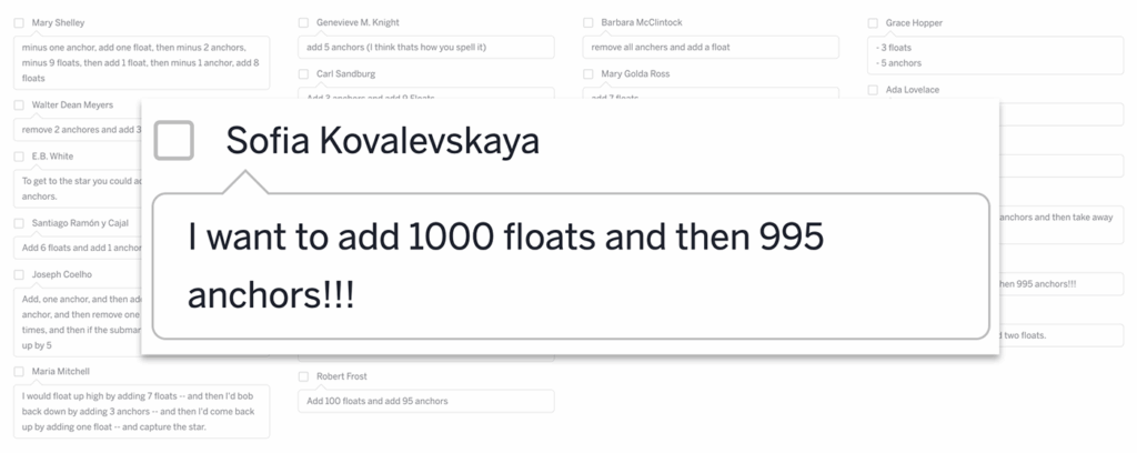 A highlighted text box shows Sofia Kovalevskaya saying, "I want to add 1000 floats and then 995 anchors!!!" against a background of faded text—perfect for sparking middle school math classroom discussions with Amplify Desmos Math.