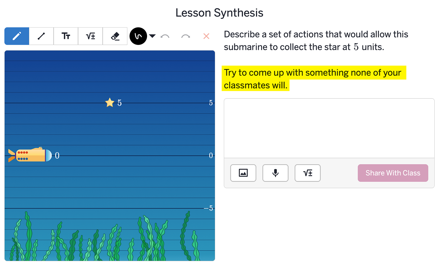 A digital lesson in Amplify Desmos Math shows a submarine at position 0 and a star labeled 5; instructions prompt students to collect the star using unique actions, sparking engaging middle school math classroom discussions.